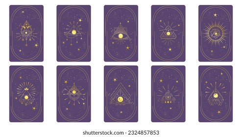 Tarot card gold set with mystic eye pyramid in frame isolated. Boho esoteric tarot card with eye and star. Vector illustration. Sacred geometry celestial triangle