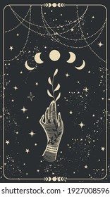 Tarot card with hand holding plant and moon. Magical boho design with stars, engraving stylization, witch cover in vintage design. Golden mystical hand drawing on a black background.