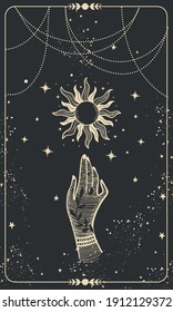 Tarot card with hand and sun. Magical boho design with stars, engraving stylization, witch cover in vintage design. Golden mystical hand drawing on black background