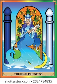 The tarot card is the high priestess. The priestess sits on a throne of fruit, commanding the elements of water and the power of the moon. The priestess holds a scroll of secret knowledge.