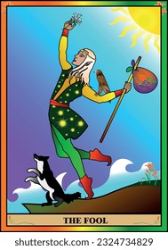 Tarot card jester. The Jester elf walks a new road of life with his faithful friend the dog by his side. The experience of life helps in everything.