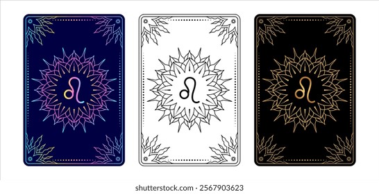 Tarot card with Leo  zodiac sign. Simple line art style.