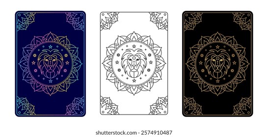 Tarot card with Leo zodiac sign.  Stylized lion at the center, adorned with mystical elements such as stars and an intricate mandala.