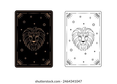 Tarjeta Tarot con estilo Leo Zodiac. Estilo de arte de línea simple.