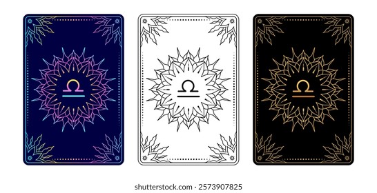 Tarot card with Libra zodiac sign. Simple line art style.