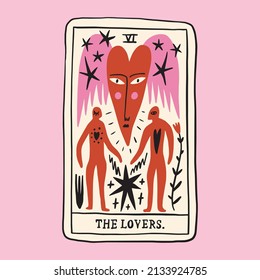 Tarot card The Lovers. Funky ugly Valentines heart, groovy cute comic character. Boho doodle modern print funny handdrawn childish art. Vector EPS and JPG.