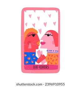 Tarot card the lovers, hand drawn flat vector illustration isolated on white background. Concepts of love, esoteric, magic, fortune telling and prediction. Valentines day card with grunge texture.