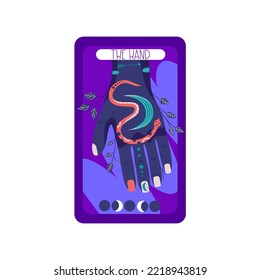 Tarjeta Tarot de diseño celestial mágico. Ilustración mística del vector de la luna. Ilustración vectorial dibujada a mano. Tarjeta de tarot de boho esoterico con mano.