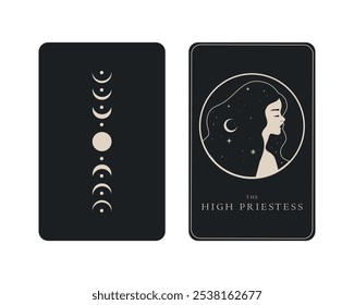 Tarot card of Major Arcana the High Priestess. Tarot card in front and reverse side. Tarot symbolism. Mystery, astrology, esoteric. Vector illustration