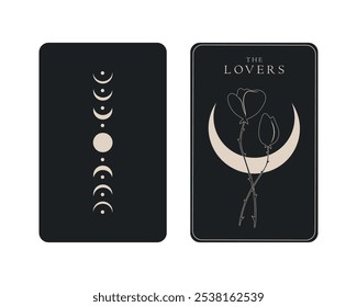 Cartão de tarô do Major Arcana the Lovers. Cartão de tarô na frente e no verso. Simbolismo de tarô. Mistério, astrologia, esotérico. Ilustração vetorial