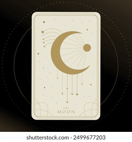 Tarot card of Major Arcana the Moon. Tarot card in golden and white colors. Tarot symbolism. Mystery, astrology, esoteric. Vector illustration