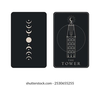 Tarot card of Major Arcana the Tower. Tarot card in front and reverse side. Tarot symbolism. Mystery, astrology, esoteric. Vector illustration