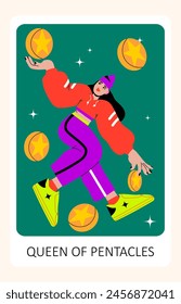 Tarot card. Minor Arcana Suit of Queen of Pentacles Tarot Cards. 
Sports style tarot. Trendy vector illustration.