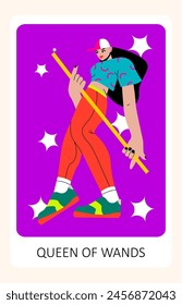 Tarot card. Minor Arcana Suit of Queen of Wands Tarot Cards. 
Sports style tarot. Trendy vector illustration.