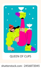 Tarotkarte. Kleine Arkana Anzug der Königin der Tassen Tarot Karten. 
Sportart Tarot. Trendy Vektorillustration.