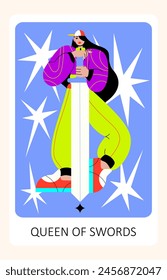 Tarot card. Minor Arcana Suit of Queen of Swords Tarot Cards. 
Sports style tarot. Trendy vector illustration.