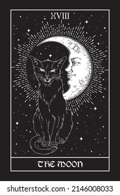 Tarot card The Moon black cat over night sky and moon   stars  Familiar spirit  halloween pagan witchcraft theme print design vector illustration