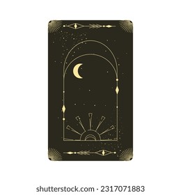 Tarot card with mystic celestial frame. Boho esoteric tarot card with moon and frame. Vector illustration. Sacred geometry celestial arch