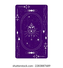 Tarot card with mystic eye pyramid and celestial border. Boho esoteric tarot card with eye and frame. Vector illustration. Sacred geometry celestial triangle