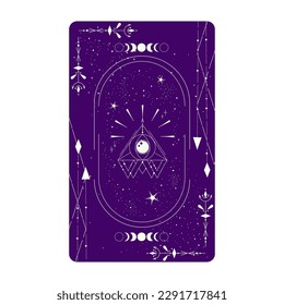 Tarot card with mystic eye pyramid and celestial border. Boho esoteric tarot card with eye and frame. Vector illustration. Sacred geometry celestial triangle