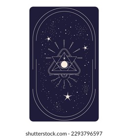 Tarjeta Tarot con pirámide ocular mística aislada en el marco. Tarjeta tarot esotérica Boho con ojo y estrella. Ilustración vectorial. Triángulo celeste de geometría sagrada