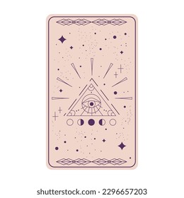 Tarot card with mystic eye pyramid isolated. Boho esoteric tarot card with eye and star. Vector illustration. Sacred geometry celestial triangle