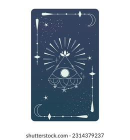Tarot card with mystic eye pyramid and celestial border. Boho esoteric tarot card with eye and frame. Vector illustration. Sacred geometry celestial triangle