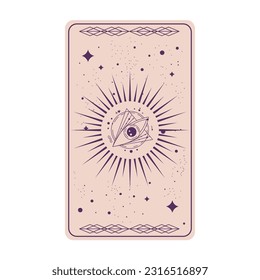 Tarot card with mystic eye pyramid isolated. Boho esoteric tarot card with eye and star. Vector illustration. Sacred geometry celestial triangle