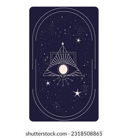 Tarot card with mystic eye pyramid in frame isolated. Boho esoteric tarot card with eye and star. Vector illustration. Sacred geometry celestial triangle