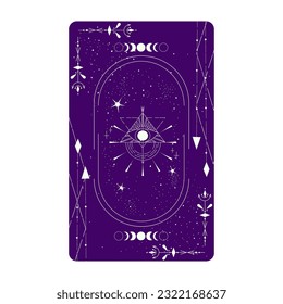 Tarot card with mystic eye pyramid and celestial border. Boho esoteric tarot card with eye and frame. Vector illustration. Sacred geometry celestial triangle