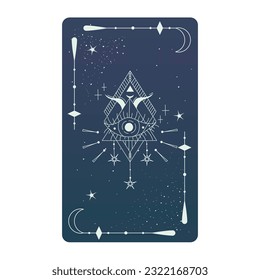 Tarot card with mystic eye pyramid and celestial border. Boho esoteric tarot card with eye and frame. Vector illustration. Sacred geometry celestial triangle