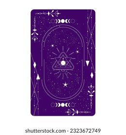 Tarot card with mystic eye pyramid and celestial border. Boho esoteric tarot card with eye and frame. Vector illustration. Sacred geometry celestial triangle