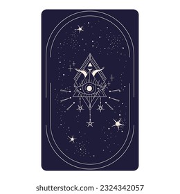 Tarot card with mystic eye pyramid in frame isolated. Boho esoteric tarot card with eye and star. Vector illustration. Sacred geometry celestial triangle