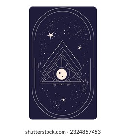 Tarot card with mystic eye pyramid in frame isolated. Boho esoteric tarot card with eye and star. Vector illustration. Sacred geometry celestial triangle