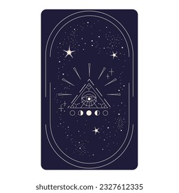 Tarot card with mystic eye pyramid in frame isolated. Boho esoteric tarot card with eye and star. Vector illustration. Sacred geometry celestial triangle