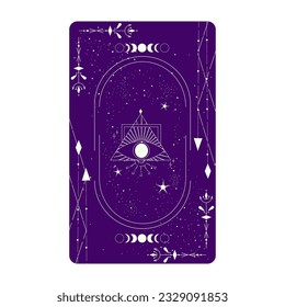 Tarot card with mystic eye pyramid and celestial border. Boho esoteric tarot card with eye and frame. Vector illustration. Sacred geometry celestial triangle