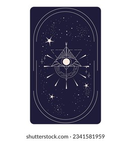 Tarot card with mystic eye pyramid in frame isolated. Boho esoteric tarot card with eye and star. Vector illustration. Sacred geometry celestial triangle