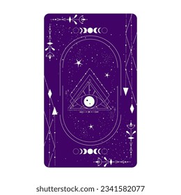 Tarot card with mystic eye pyramid and celestial border. Boho esoteric tarot card with eye and frame. Vector illustration. Sacred geometry celestial triangle