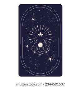 Tarot card with mystic eye pyramid in frame isolated. Boho esoteric tarot card with eye and star. Vector illustration. Sacred geometry celestial triangle