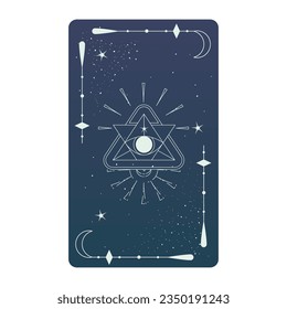 Tarot card with mystic eye pyramid and celestial border. Boho esoteric tarot card with eye and frame. Vector illustration. Sacred geometry celestial triangle