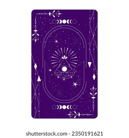 Tarot card with mystic eye pyramid and celestial border. Boho esoteric tarot card with eye and frame. Vector illustration. Sacred geometry celestial triangle