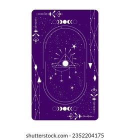 Tarot card with mystic eye pyramid and celestial border. Boho esoteric tarot card with eye and frame. Vector illustration. Sacred geometry celestial triangle