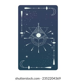 Tarot card with mystic eye pyramid and celestial border. Boho esoteric tarot card with eye and frame. Vector illustration. Sacred geometry celestial triangle