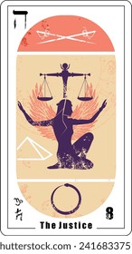 Tarjeta Tarot número ocho, llamada Justicia. Silhouette de mujer con los brazos abiertos y una báscula. Egipcio