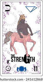  tarot card number eleven, called The Force. Black man centaur with spear. 