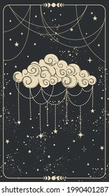 Tarot card with ornate cloud. Magic card, boho style design, witch card, prediction, mystical hand symbol on black background for magic design.