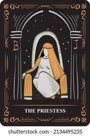 
Tarot card. Part of the arcana set. Vector hand engraving style. Occult and alchemical symbols. high priestess.