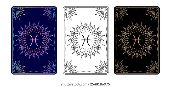 Tarjeta del tarot con signo del zodiaco de Piscis. Estilo de arte de línea simple.