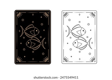 Tarot card with pisces zodiac style. Simple line art style.