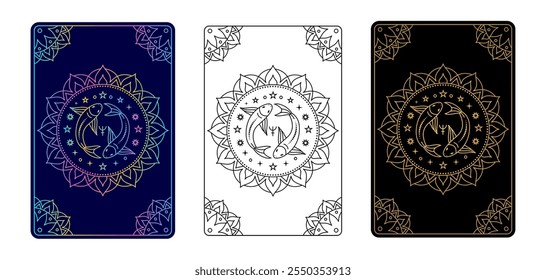 Tarjeta del tarot con el estilo del zodiaco de Piscis. Estilo de arte de línea simple.